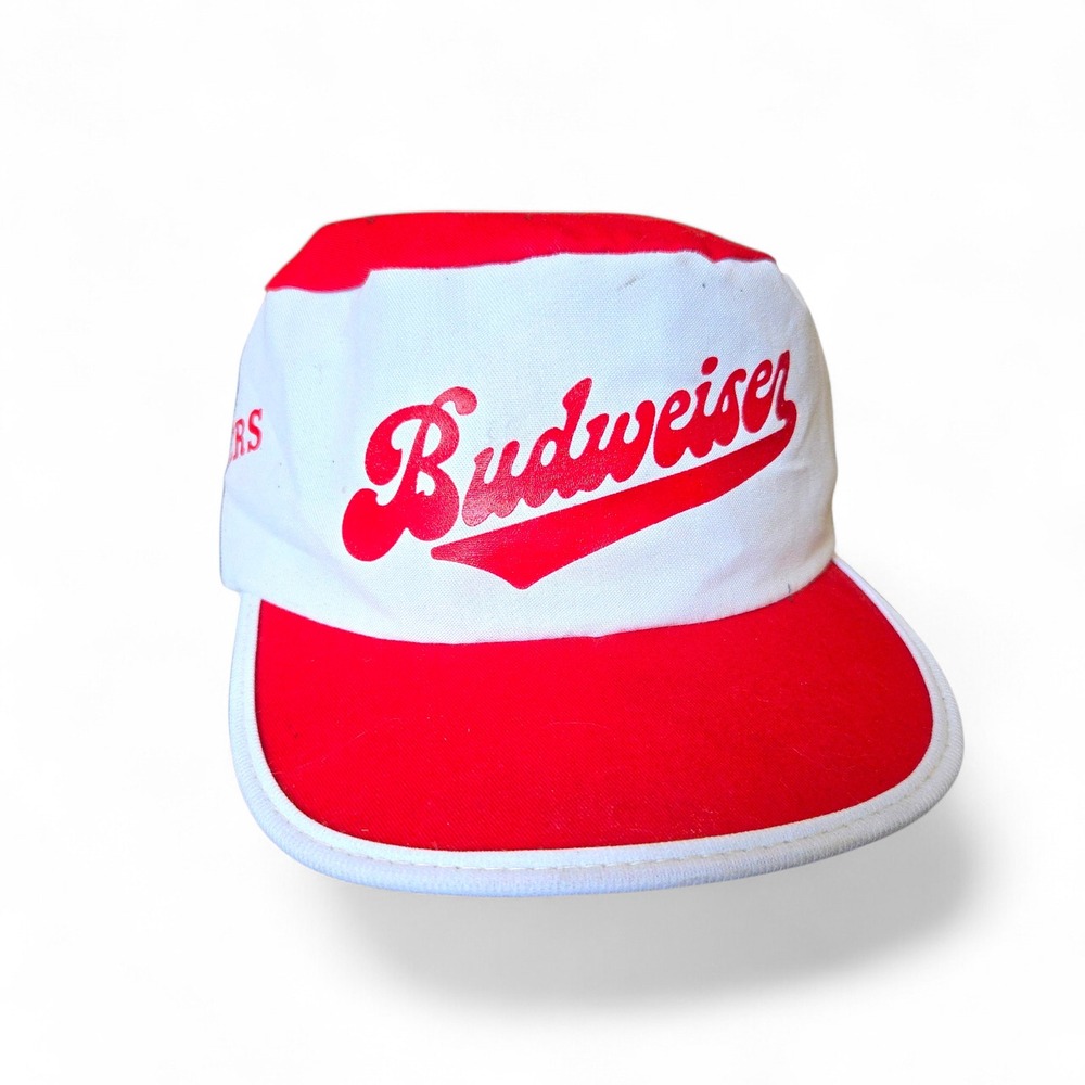 VTG 80s BUDWEISER Painters Cap KING OF BEERS OS Red White Stretch Distressed Hat